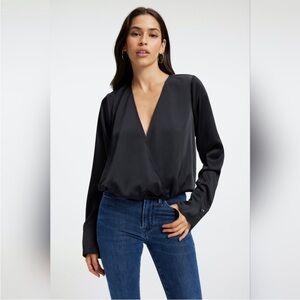 NWT Black Satin V-Neck Wrap Blouse Top Long Sleeve by A New Day NEW